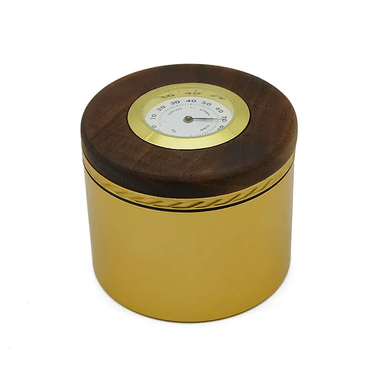 Aluminum tobacco tin with walnut lid and airtight seal