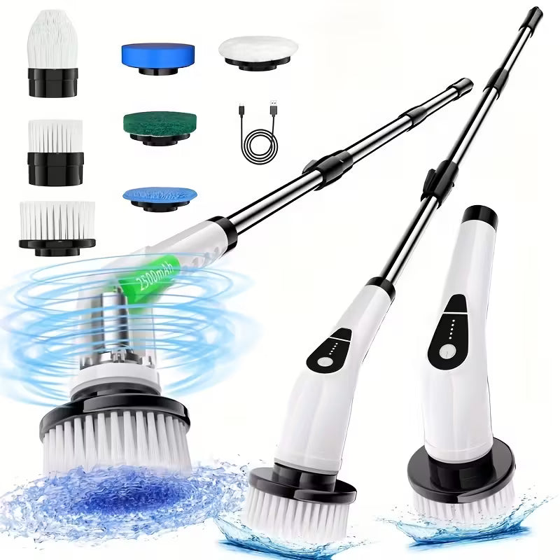 7-in-1 Cordless Electric Spin Scrubber, Multi-Purpose Cleaning Brush with 7 Replaceable Heads, Dual-Speed Settings & Detachable Telescopic Handle for Bathroom, Kitchen, Car & Home