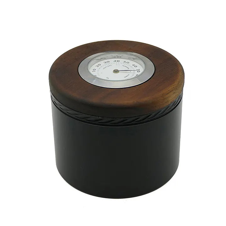 Aluminum tobacco tin with walnut lid and airtight seal