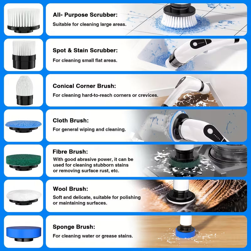 7-in-1 Cordless Electric Spin Scrubber, Multi-Purpose Cleaning Brush with 7 Replaceable Heads, Dual-Speed Settings & Detachable Telescopic Handle for Bathroom, Kitchen, Car & Home