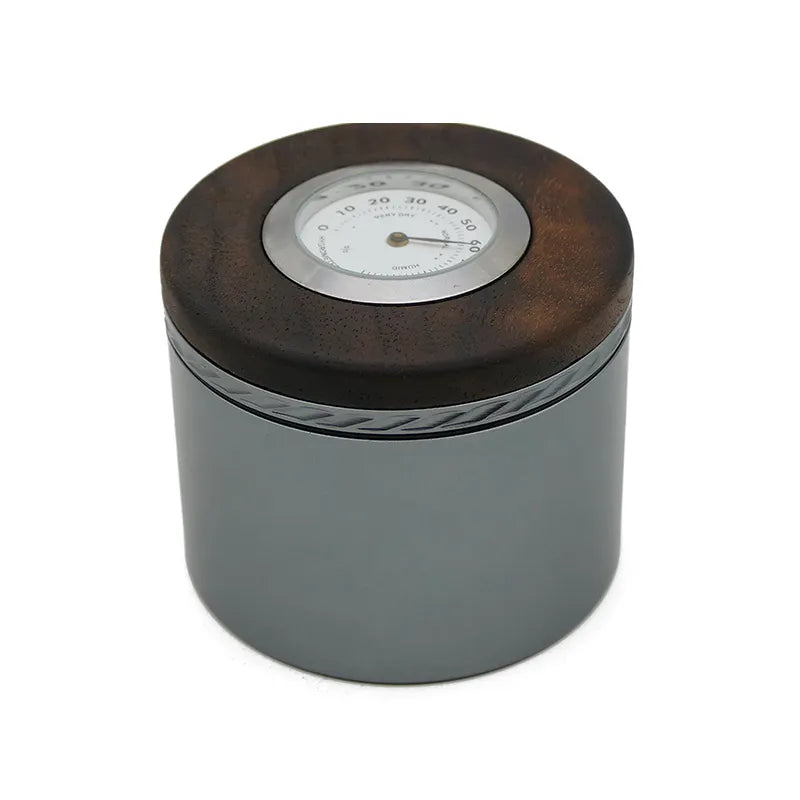 Aluminum tobacco tin with walnut lid and airtight seal