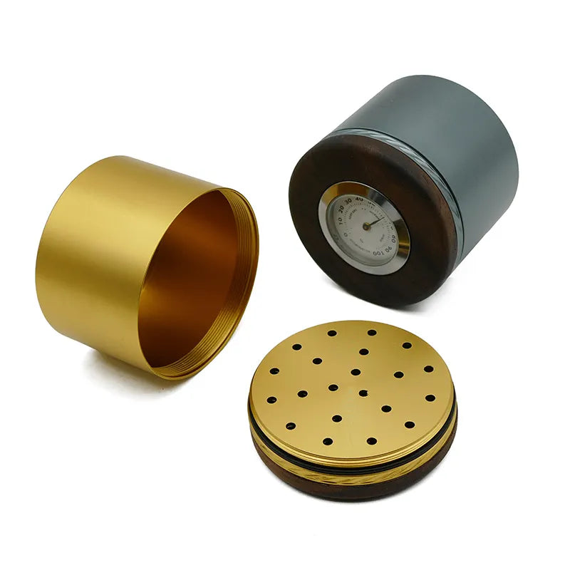 Aluminum tobacco tin with walnut lid and airtight seal