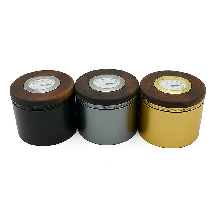 Aluminum tobacco tin with walnut lid and airtight seal